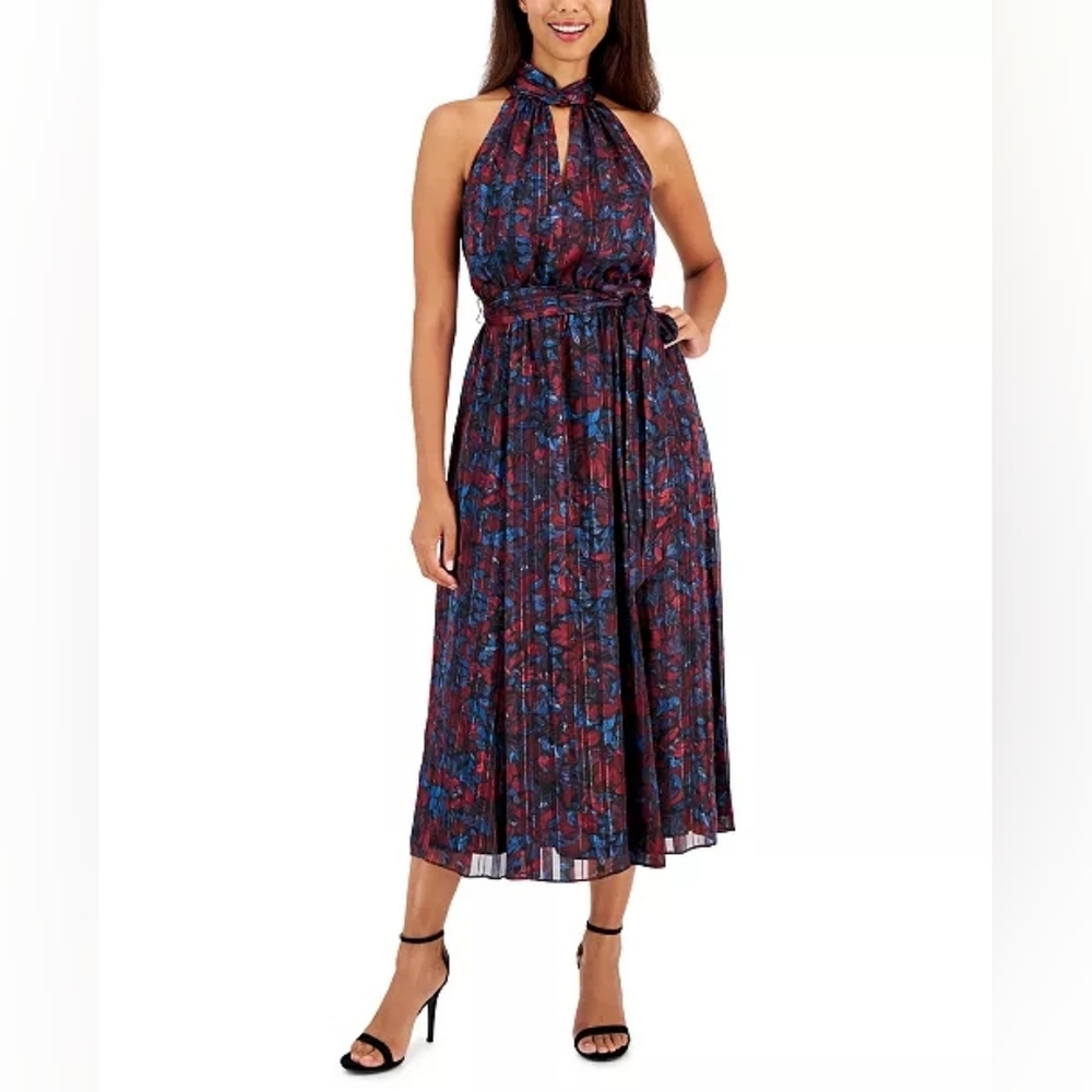 Anne Klein Halter Neck Floral Dress Size 2 Waist Tie Cinched Waist Cut-out Midi